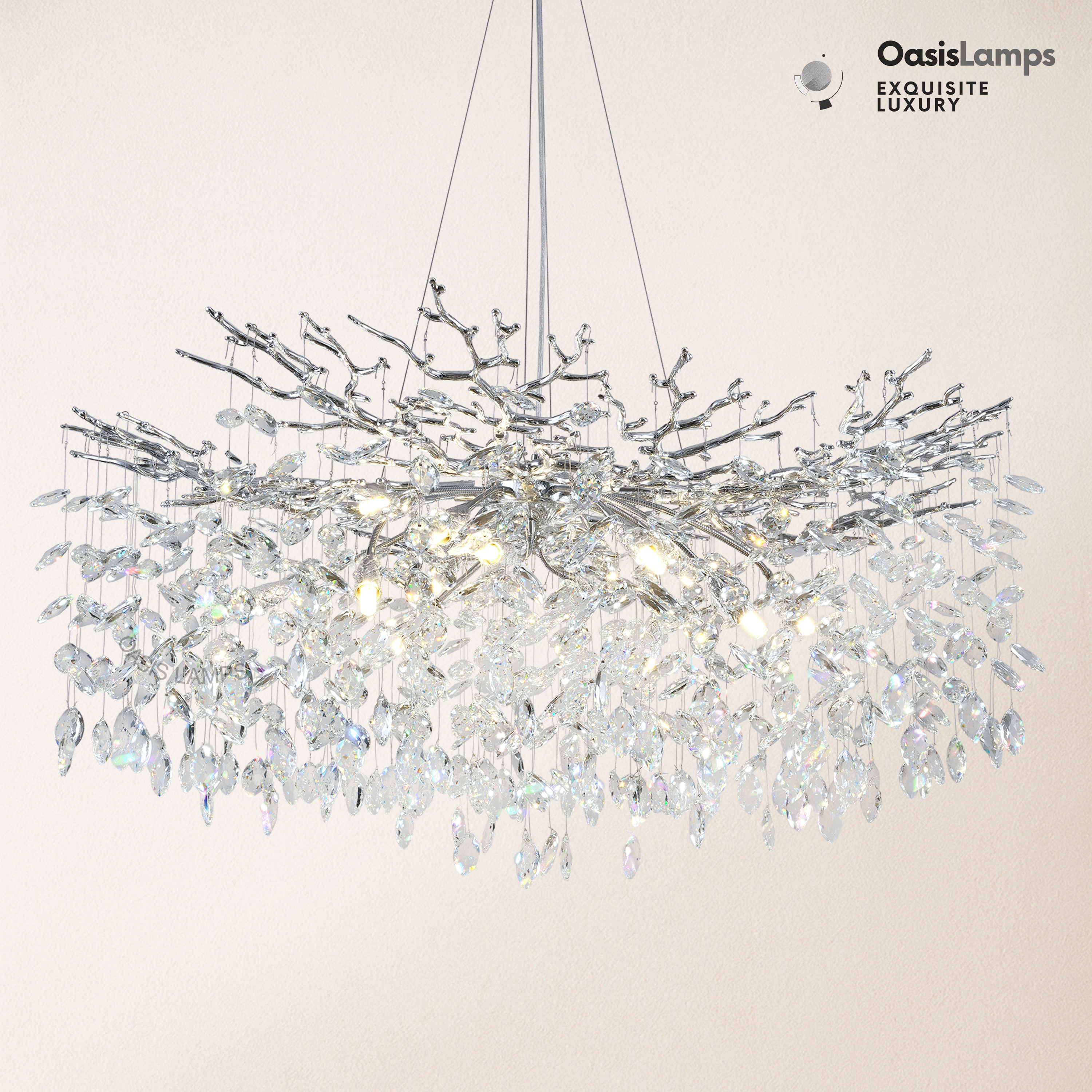Frostleaf Cascade Branch Crystal Round Chandelier 30" 40" D#color_Silver,size_D-40inches