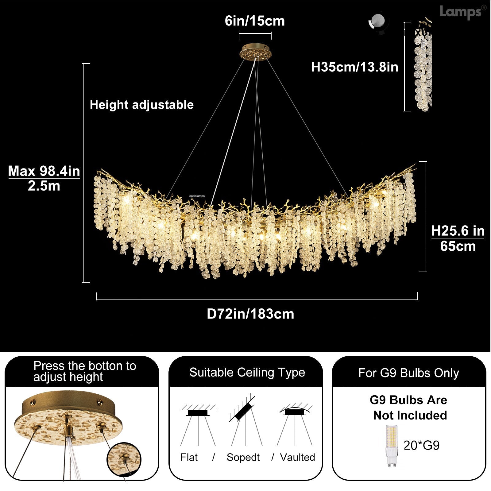 Shiro Noda Crystal Tree Branch Linear Chandelier 72"#Color_Brass,Size_L-72in