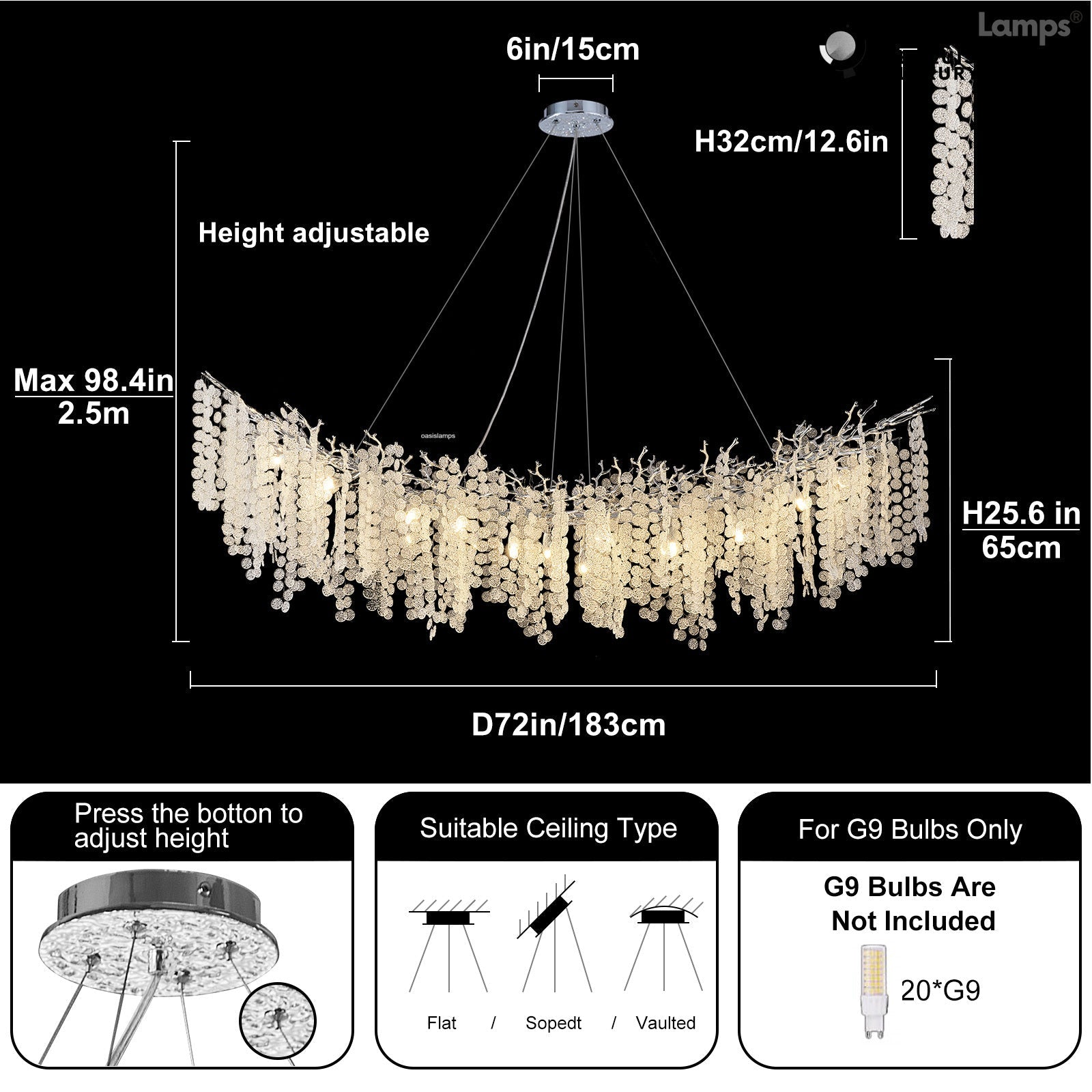 Shiro Noda Crystal Tree Branch Linear Chandelier 72"#Color_Silver,Size_L-72in