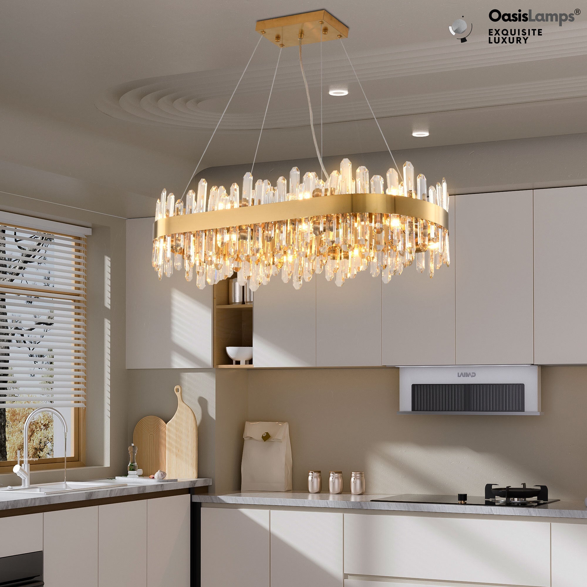Stellara Crystal Strip Oval Halo Chandelier 36" 52"#color_brass,size_36''L