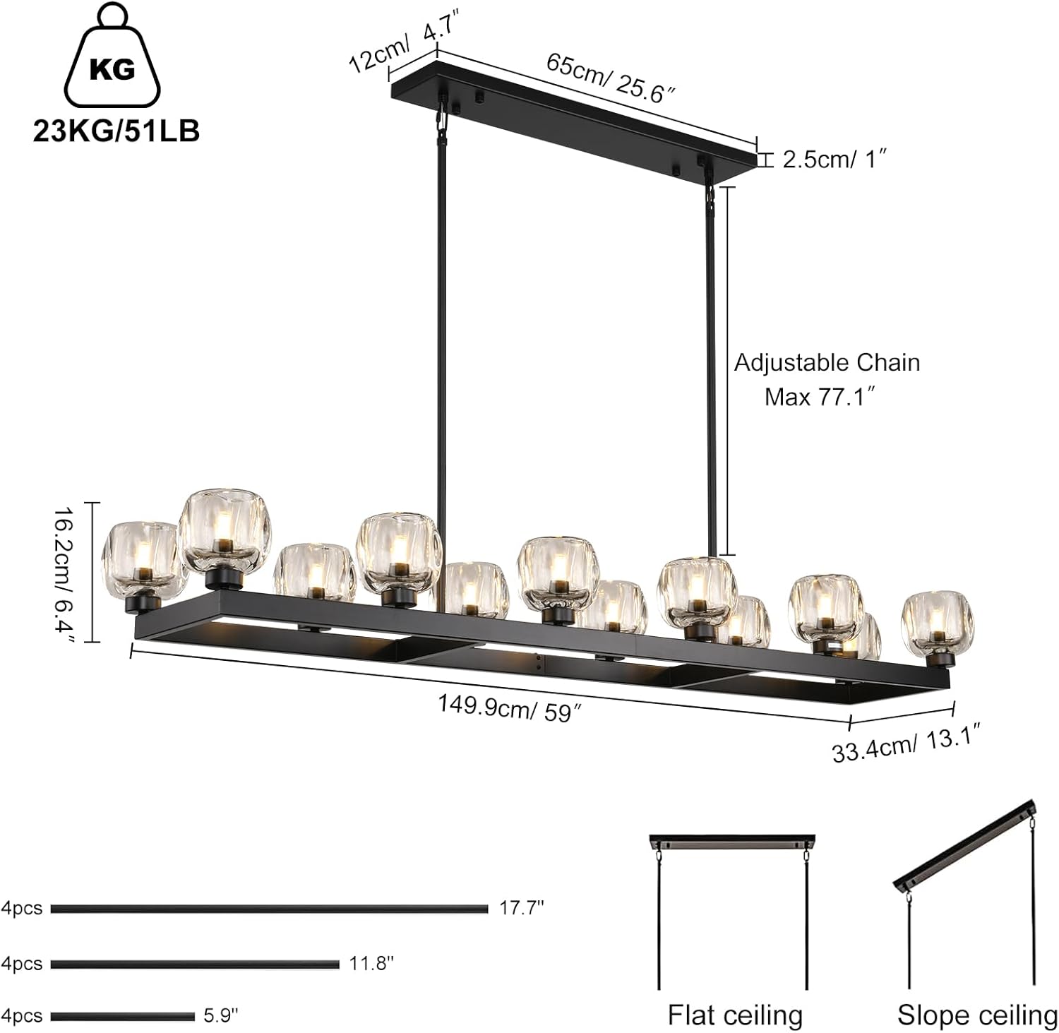 Vellum Rectangular Chandelier 59" 68"L#color_Black,size_59"-Rectangular