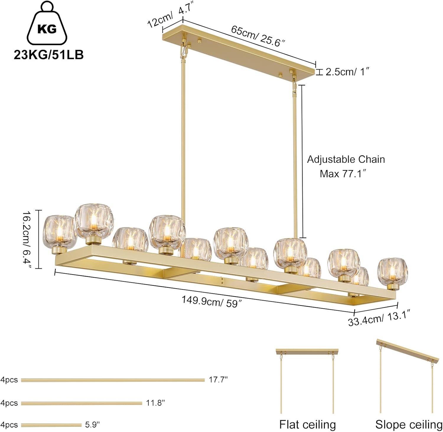 Vellum Rectangular Chandelier 59" 68"L#color_Brass,size_59"-Rectangular