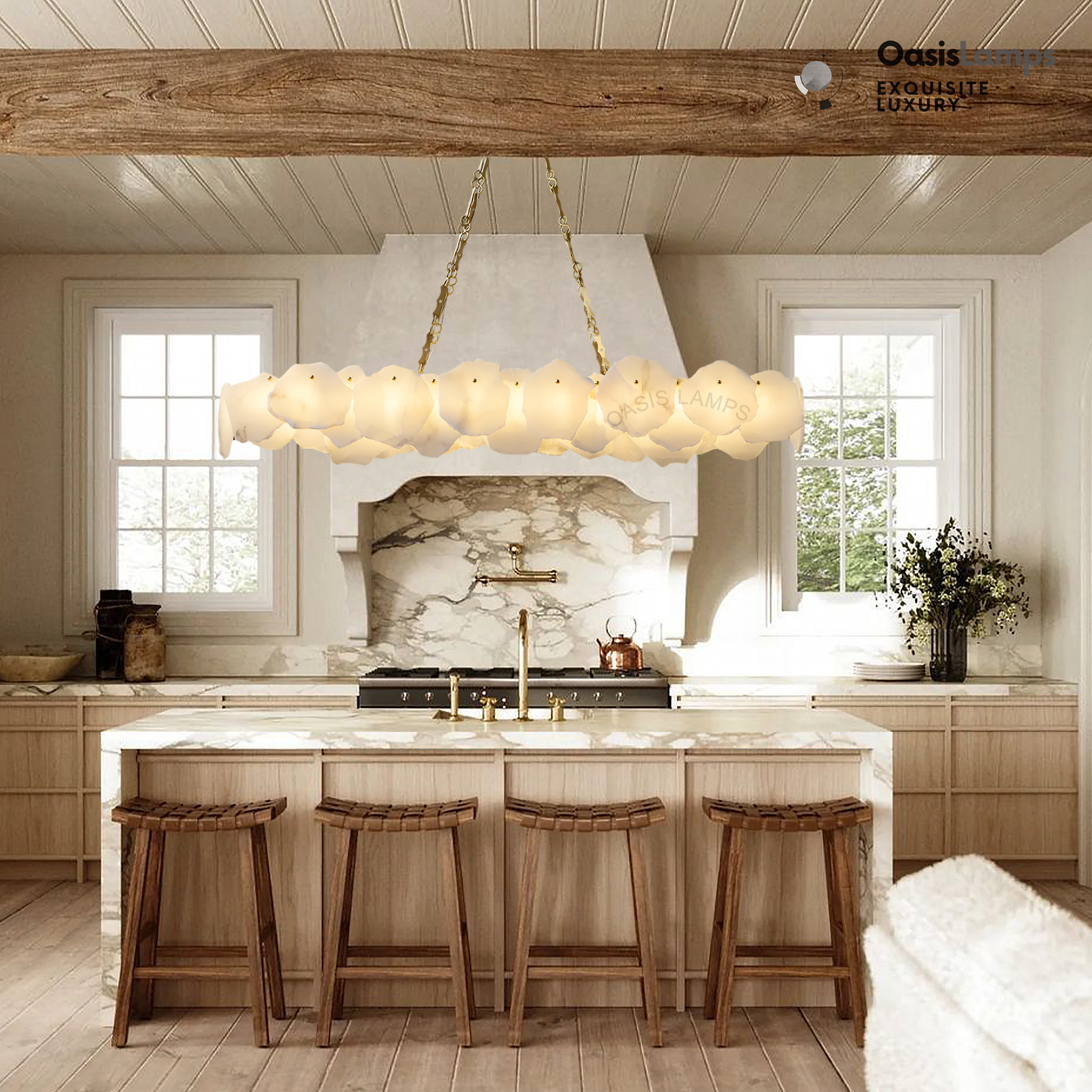 Moira Alabaster Marble Modern Snowflake Linear Chandelier with Chain