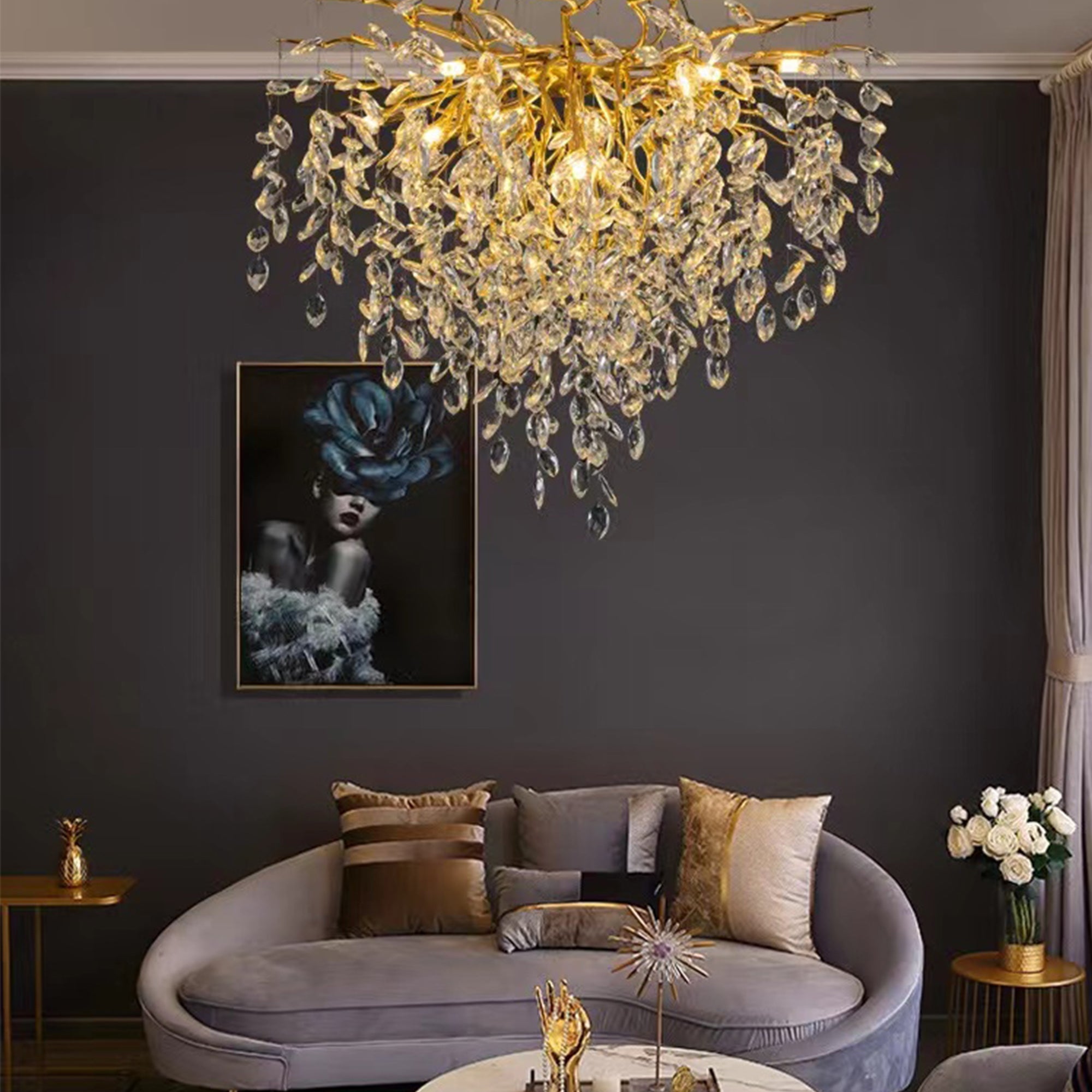 Flavia Oval Gold Clear Crystal Branch Chandelier For Living Room