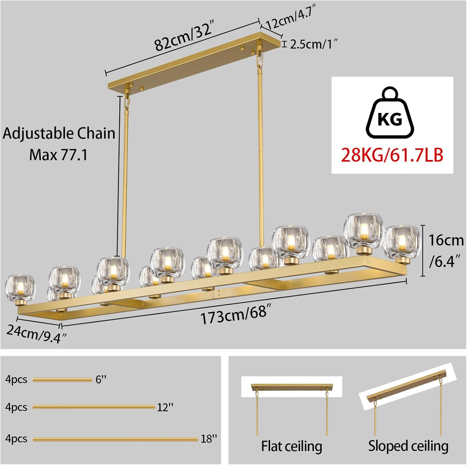 Vellum Rectangular Chandelier 59" 68"L#color_Brass,size_68"-Rectangular