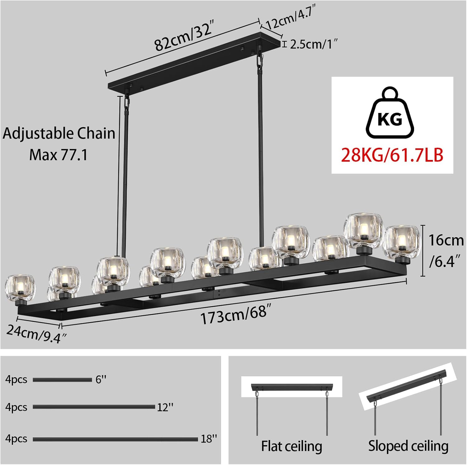 Vellum Rectangular Chandelier 59" 68"L#color_Black,size_68"-Rectangular