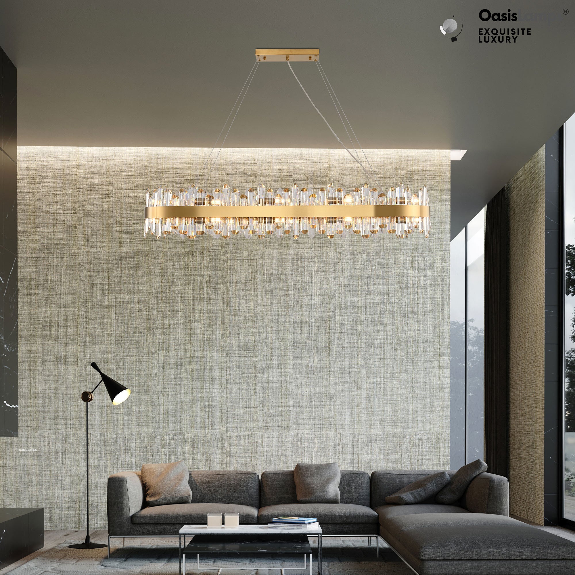 Stellara Crystal Strip Oval Halo Chandelier 36" 52"#color_brass,size_52''L