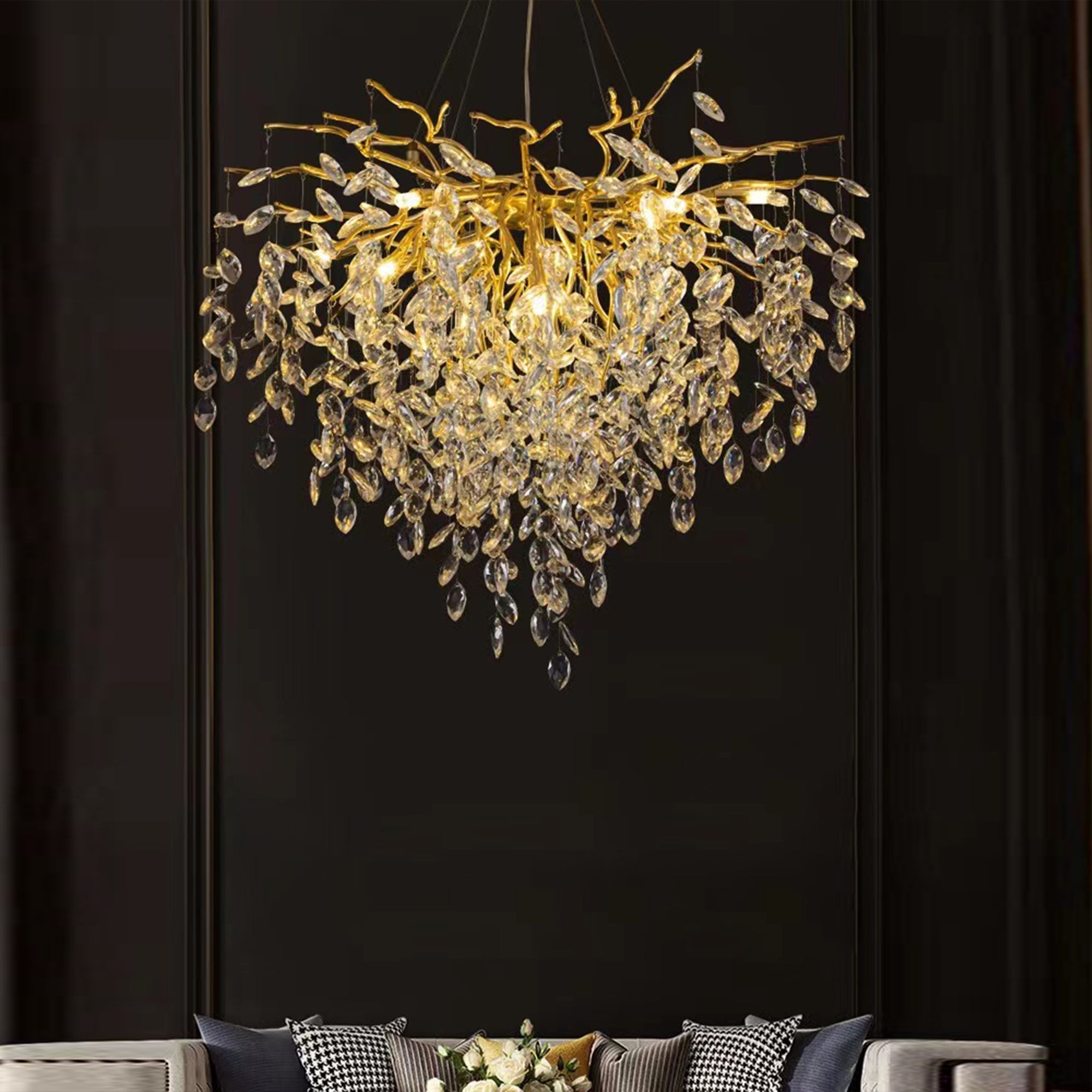 Flavia Oval Gold Clear Crystal Branch Chandelier For Living Room