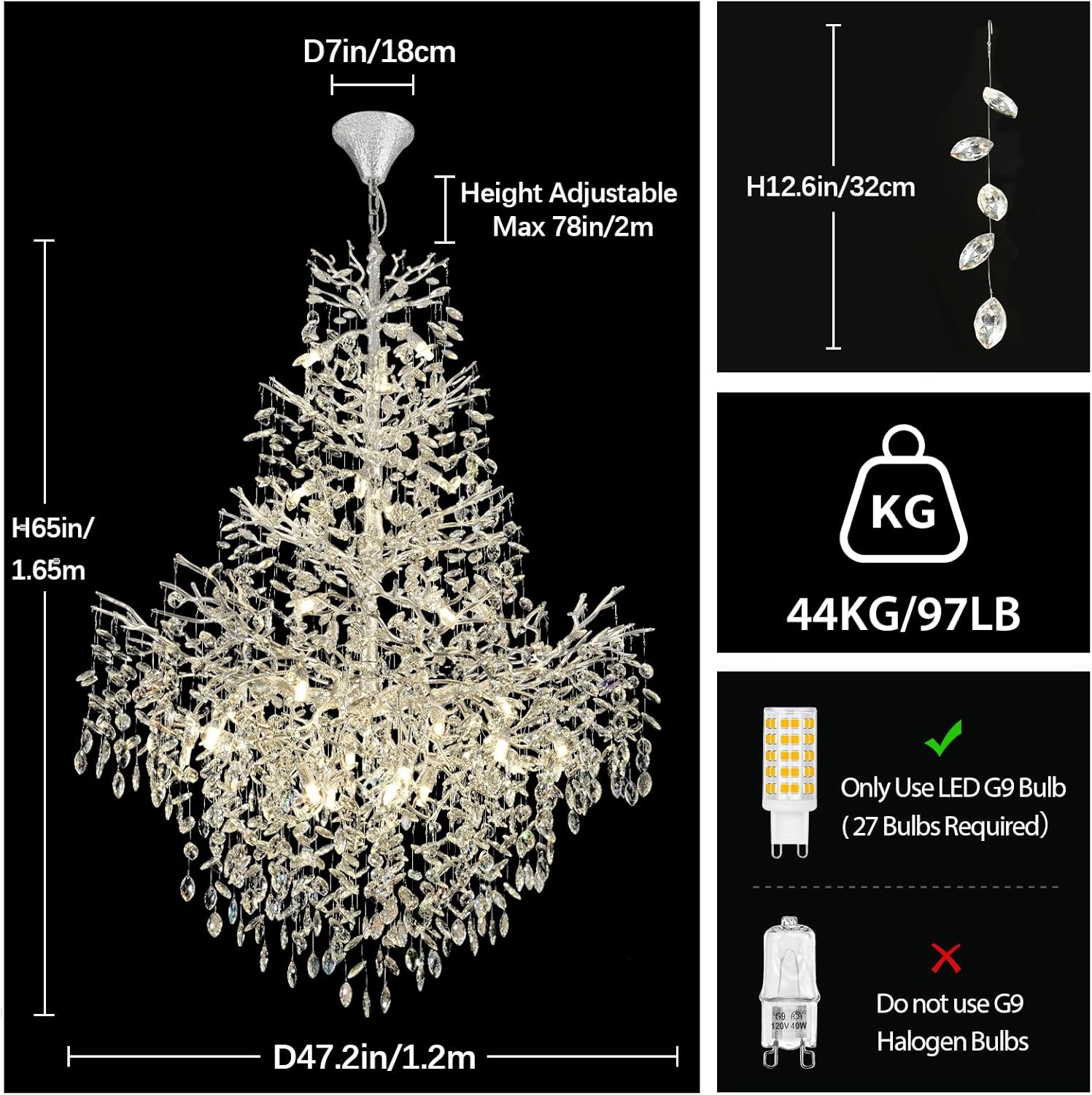 Frostleaf Cascade Grand Staircase Chandelier 61" 65"#Color_silver,Size_H65"