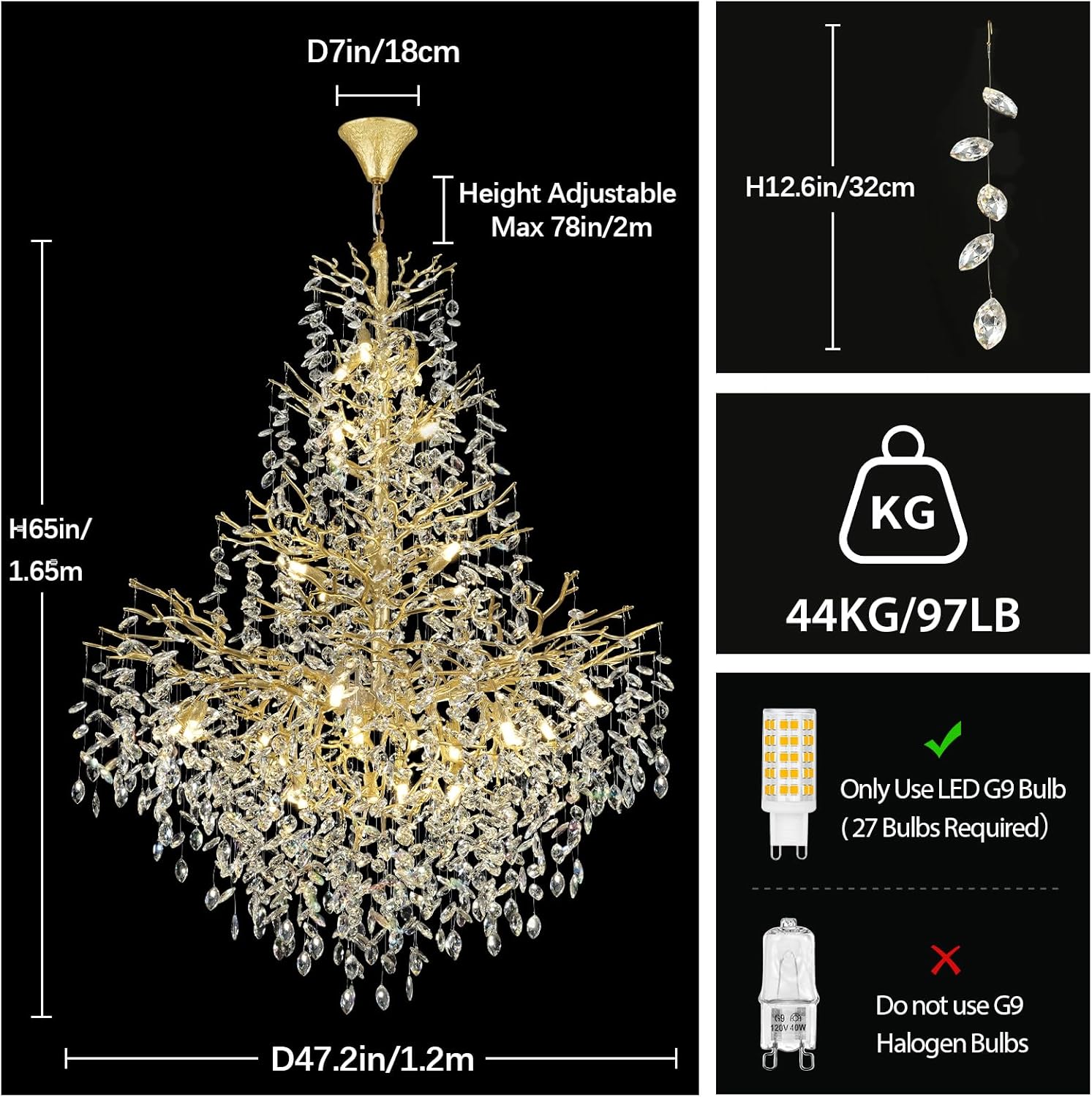 Frostleaf Cascade Grand Staircase Chandelier 61" 65"#Color_brass,Size_H65"