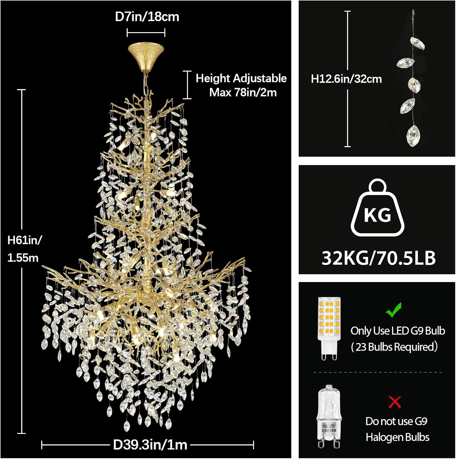 Frostleaf Cascade Grand Staircase Chandelier 61" 65"#Color_brass,Size_H61"