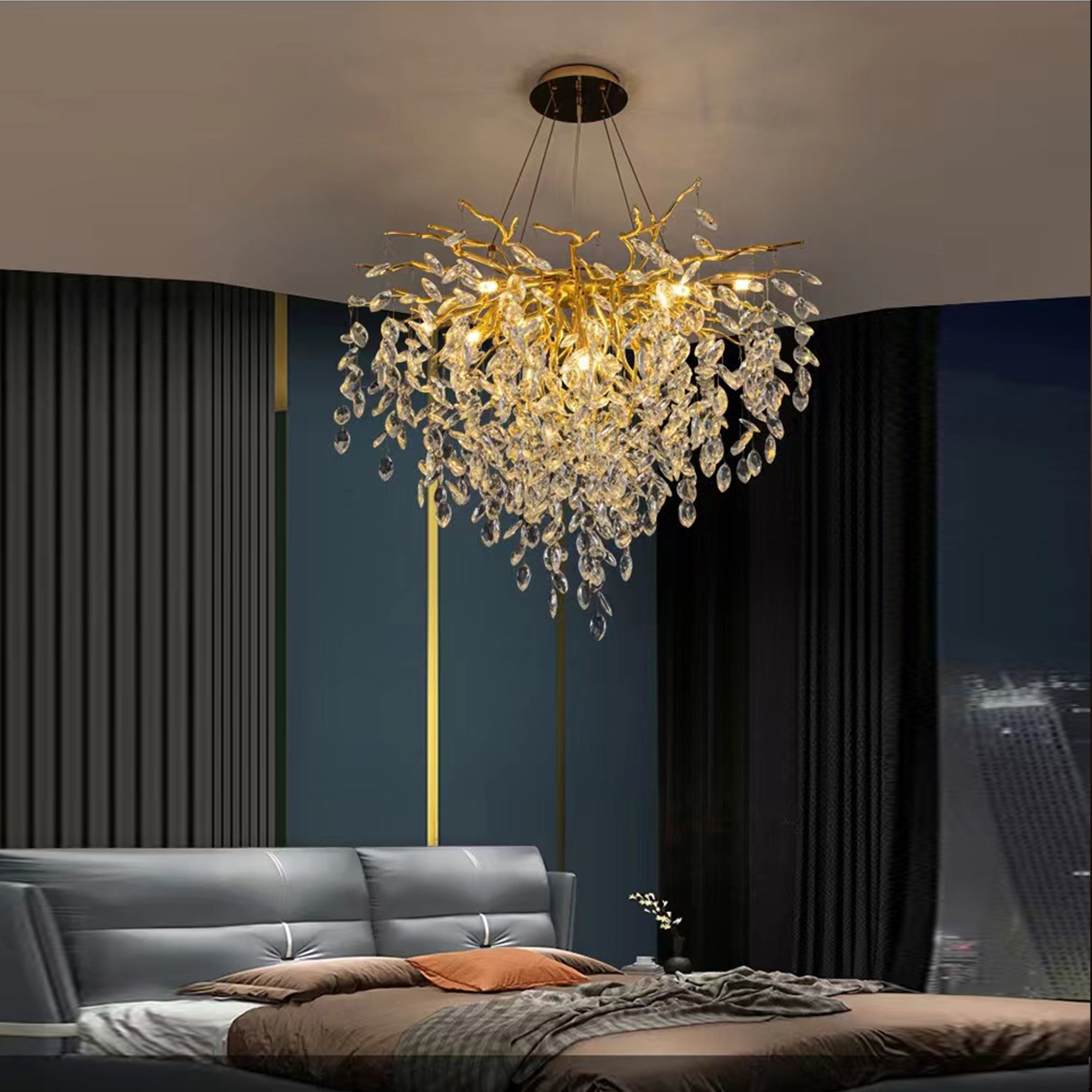 Flavia Oval Gold Clear Crystal Branch Chandelier For Living Room