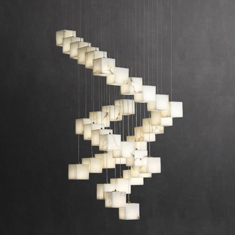 Dave Alabaster Cube Foyer Staircase Long Chandelier