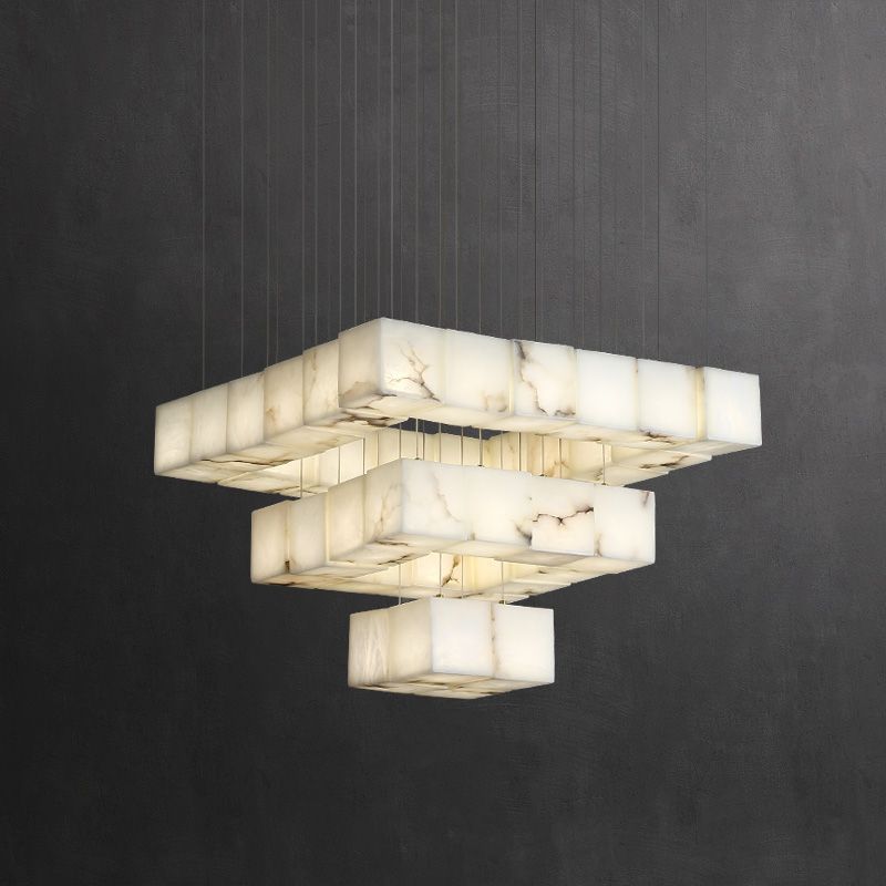 Dave Alabaster Cube Foyer Staircase Long Chandelier