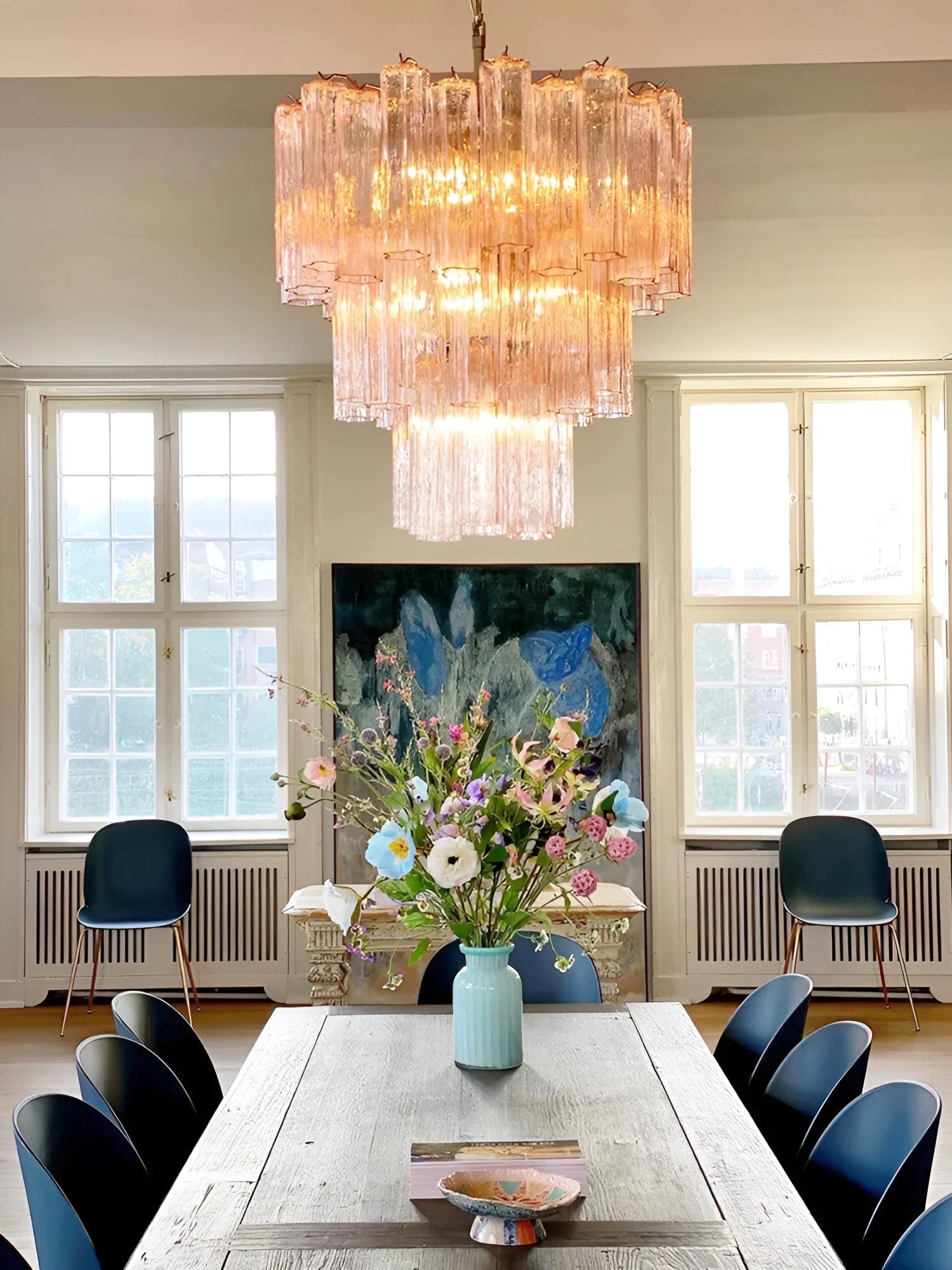 Elegant Pink Murano Glass Tube Chandelier 25.6"