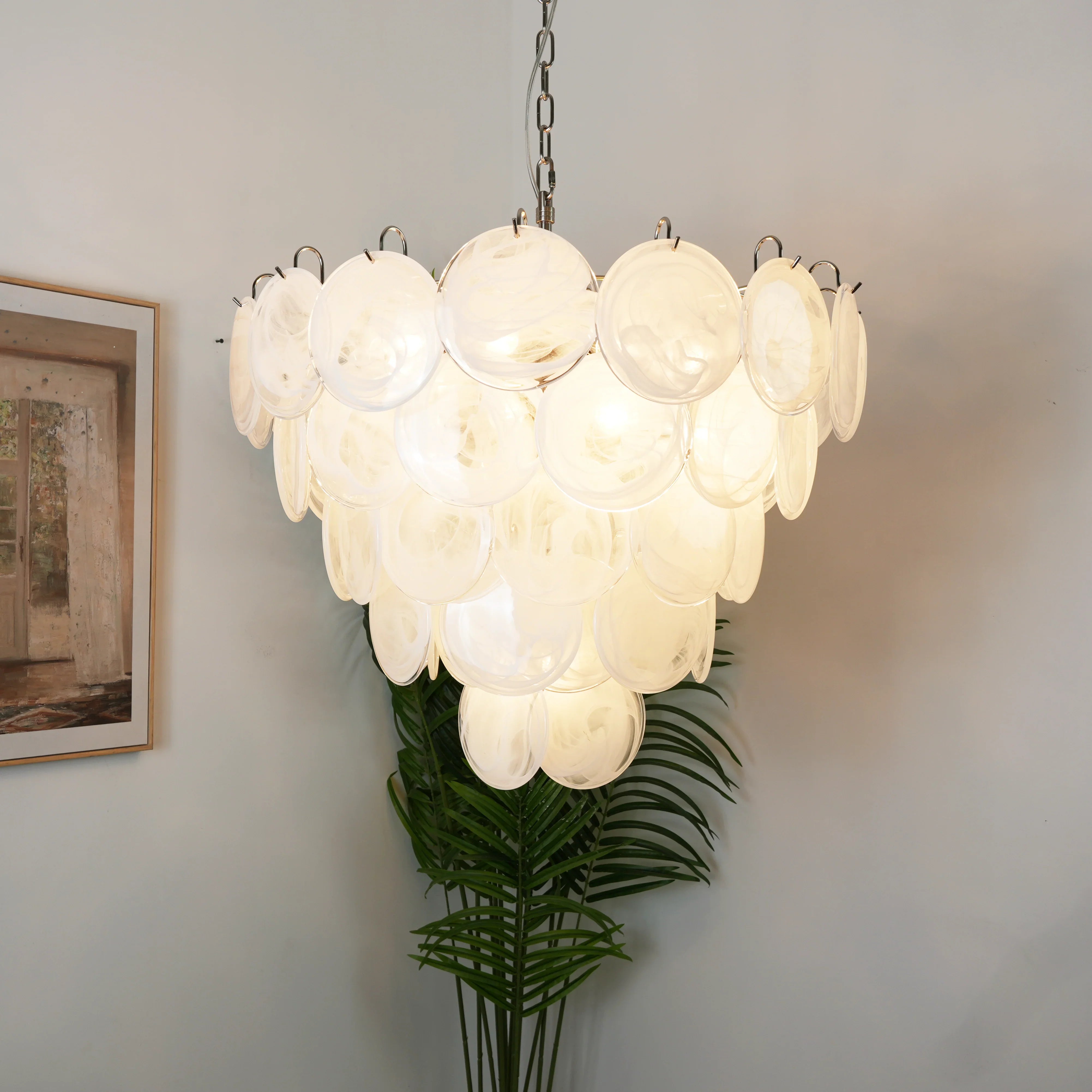 Elegant White Murano Disc Chandelier 27.6"