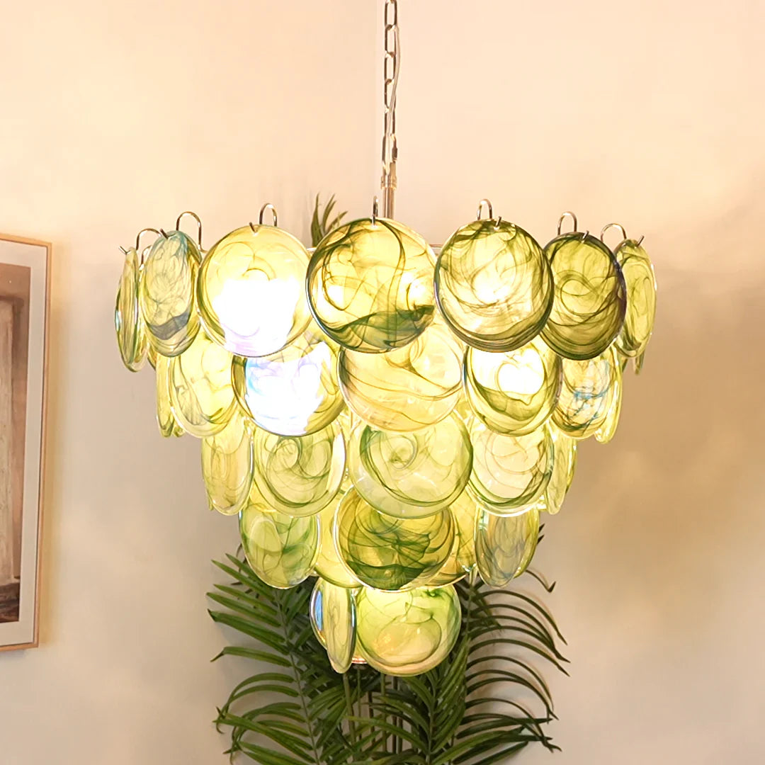 Elegant Green Murano Iridescent Disc Chandelier 27.6"