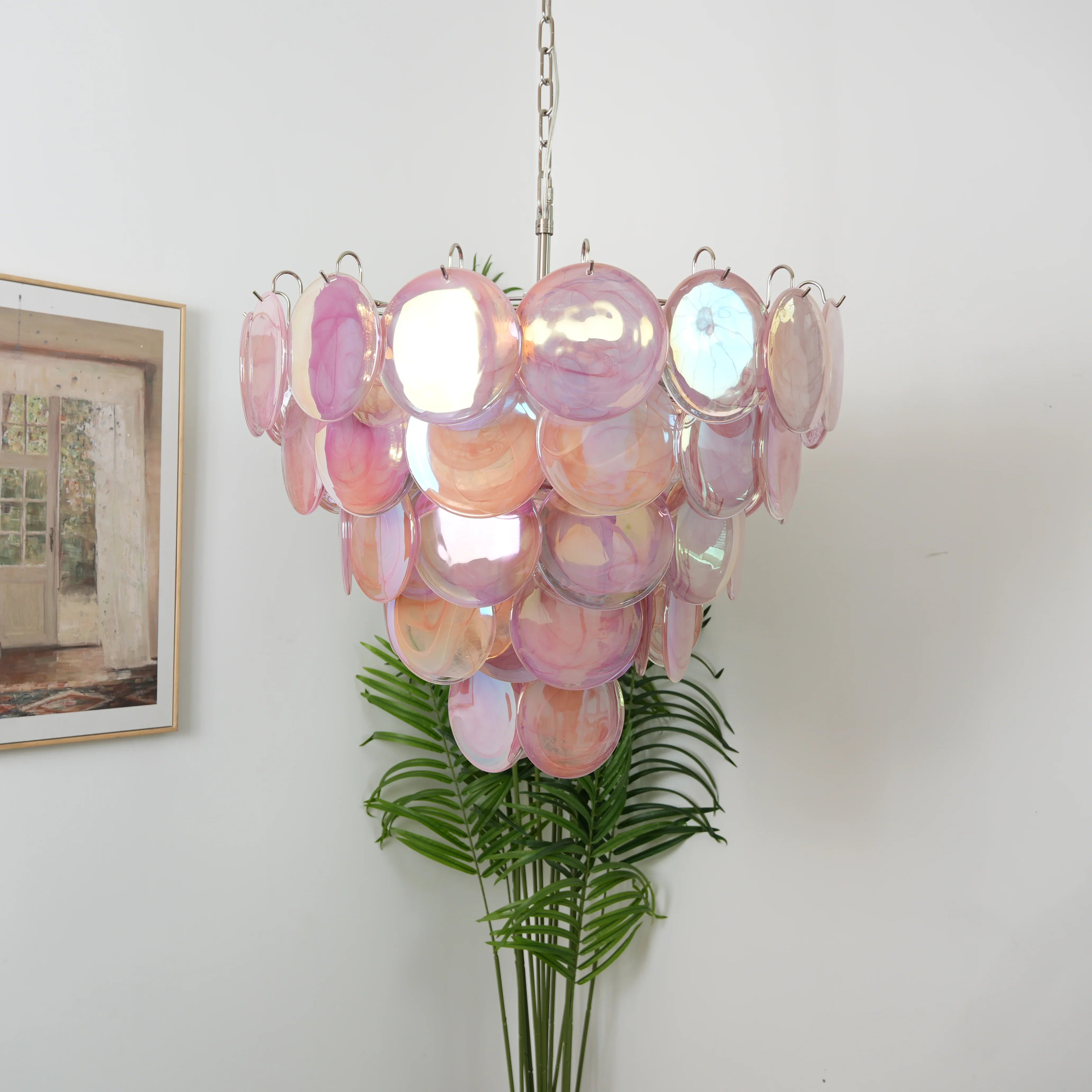 Elegant Pink Murano Iridescent Disc Chandelier