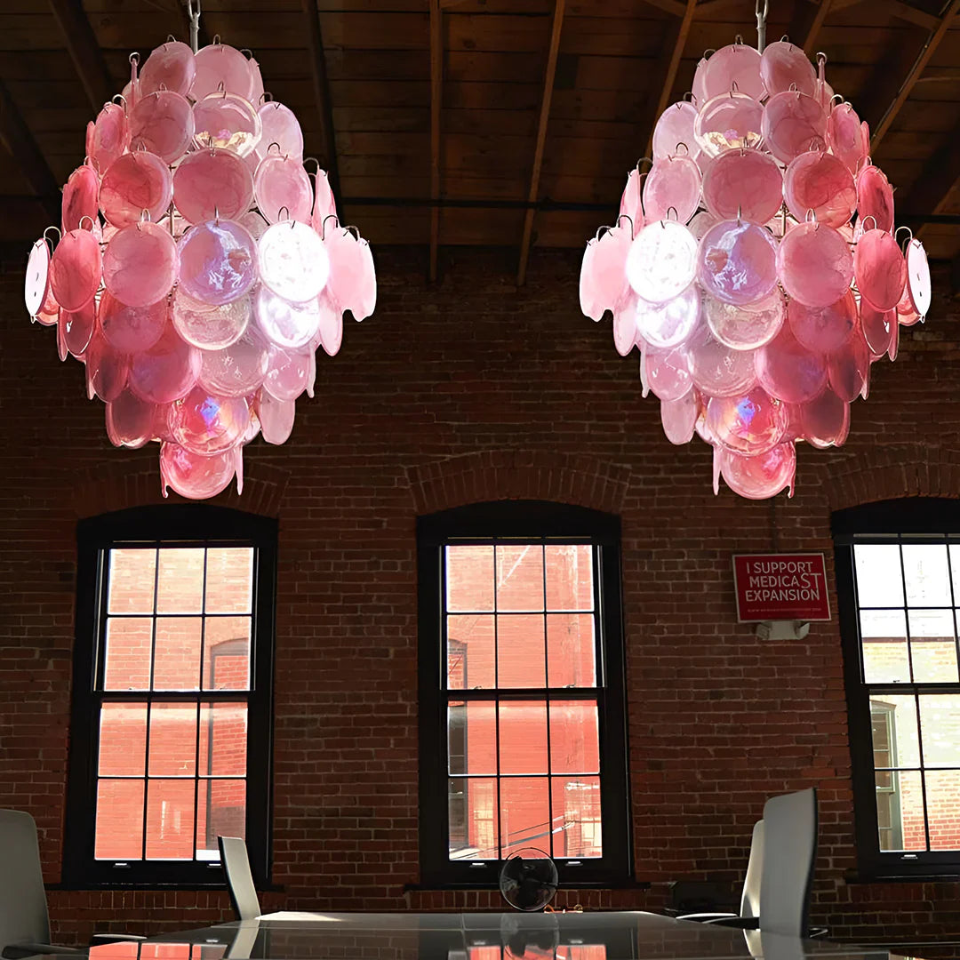 Huge Vintage Murano Pink Disks Chandelier 29.5"