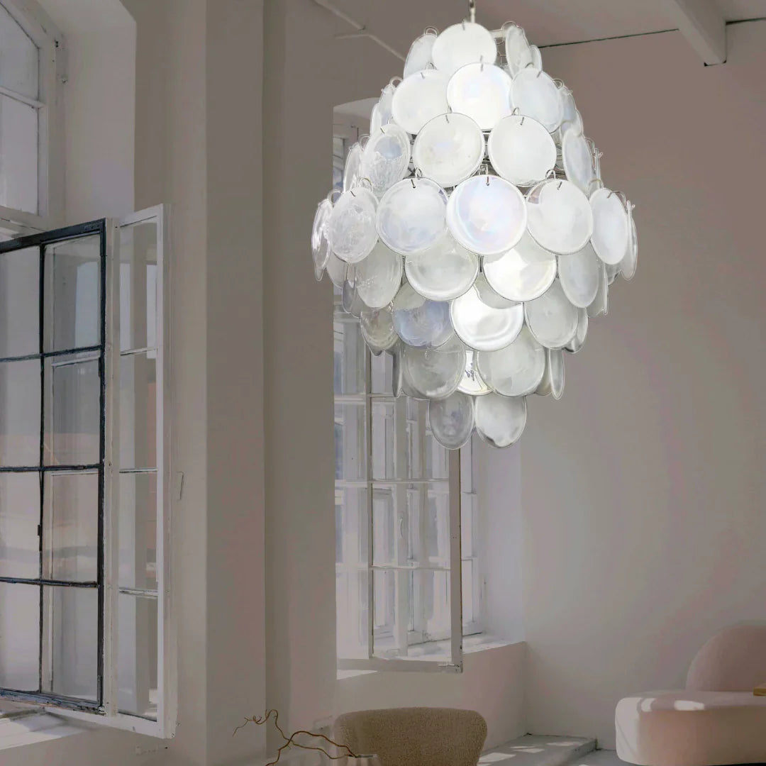 Huge Vintage Murano White Disks Chandelier 29.5"