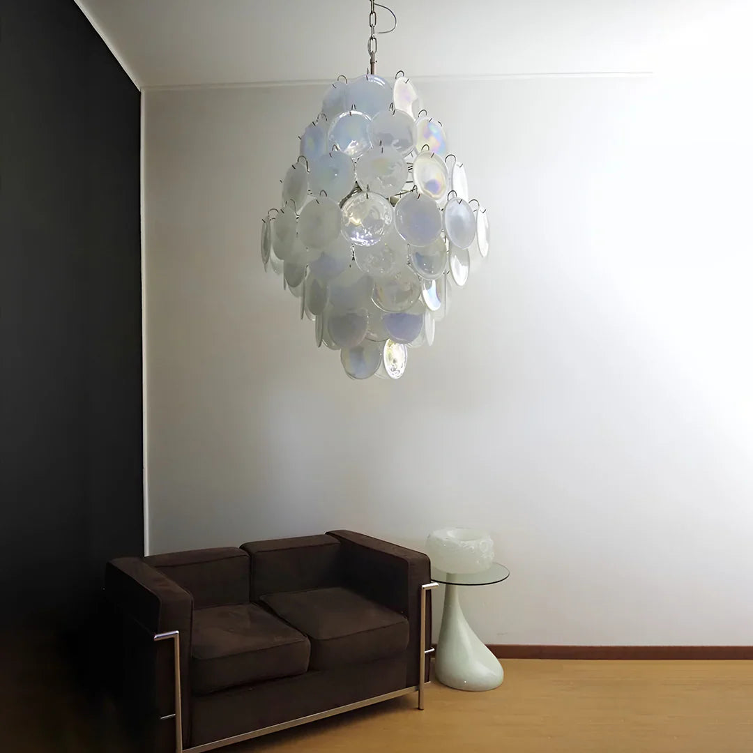 Huge Vintage Murano White Disks Chandelier 29.5"