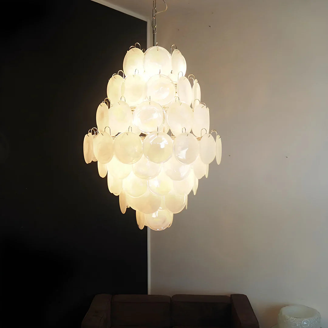 Huge Vintage Murano White Disks Chandelier 29.5"