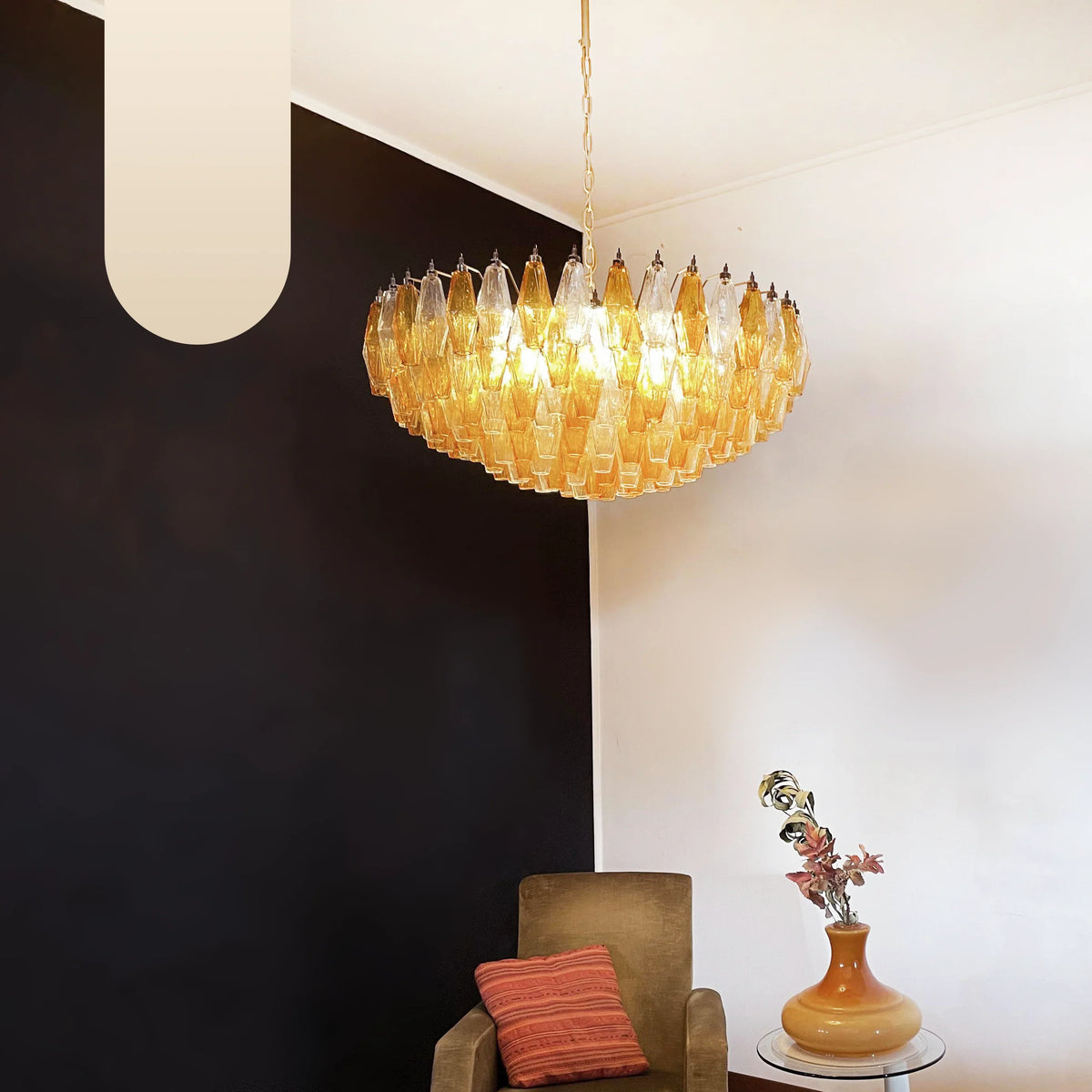 Murano Faceted Transparent Amber Glass Chandelier 35.4"