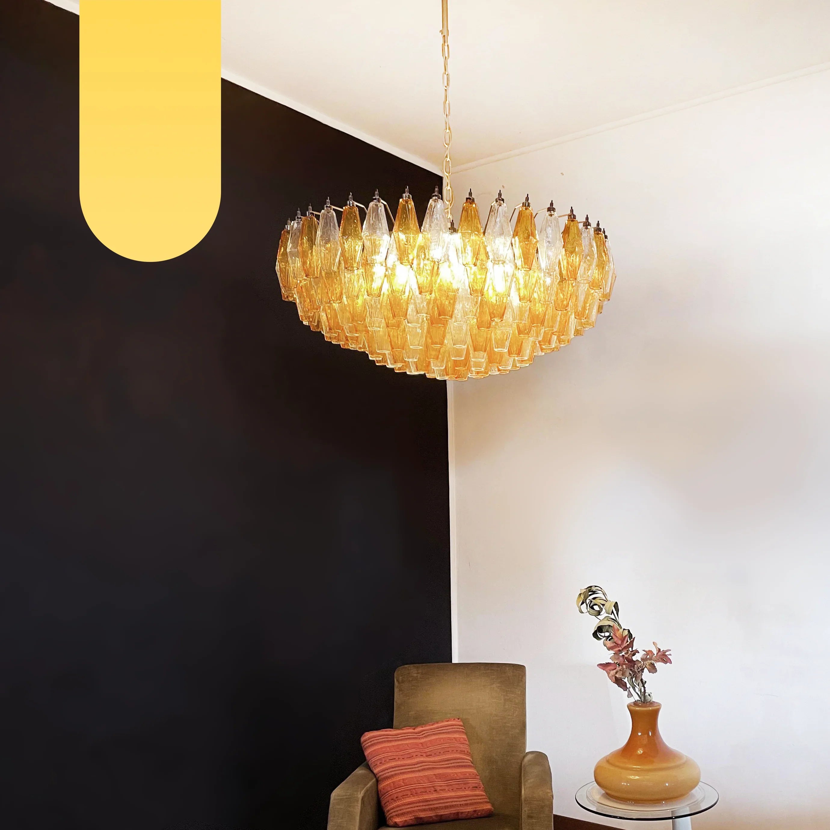 Murano Faceted Transparent Amber Glass Chandelier 35.4"