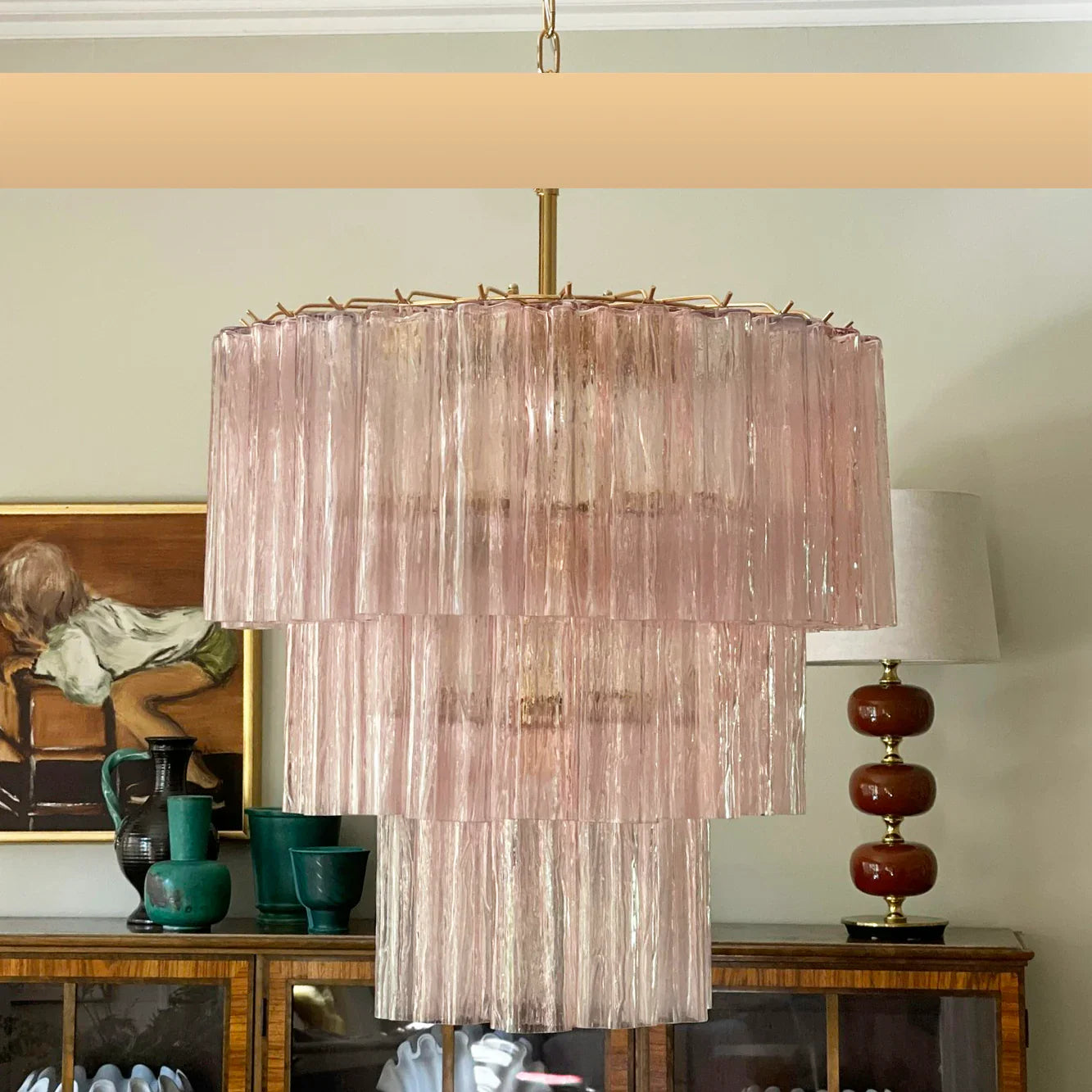 Murano Pink Glass Tube Chandelier 25.6"