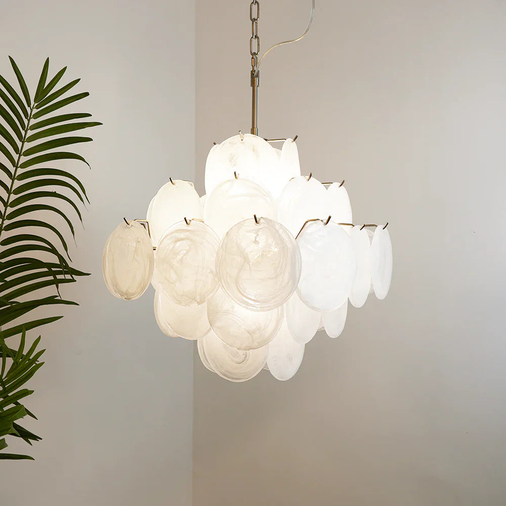 Vintage Murano White Disks Chandelier 19"