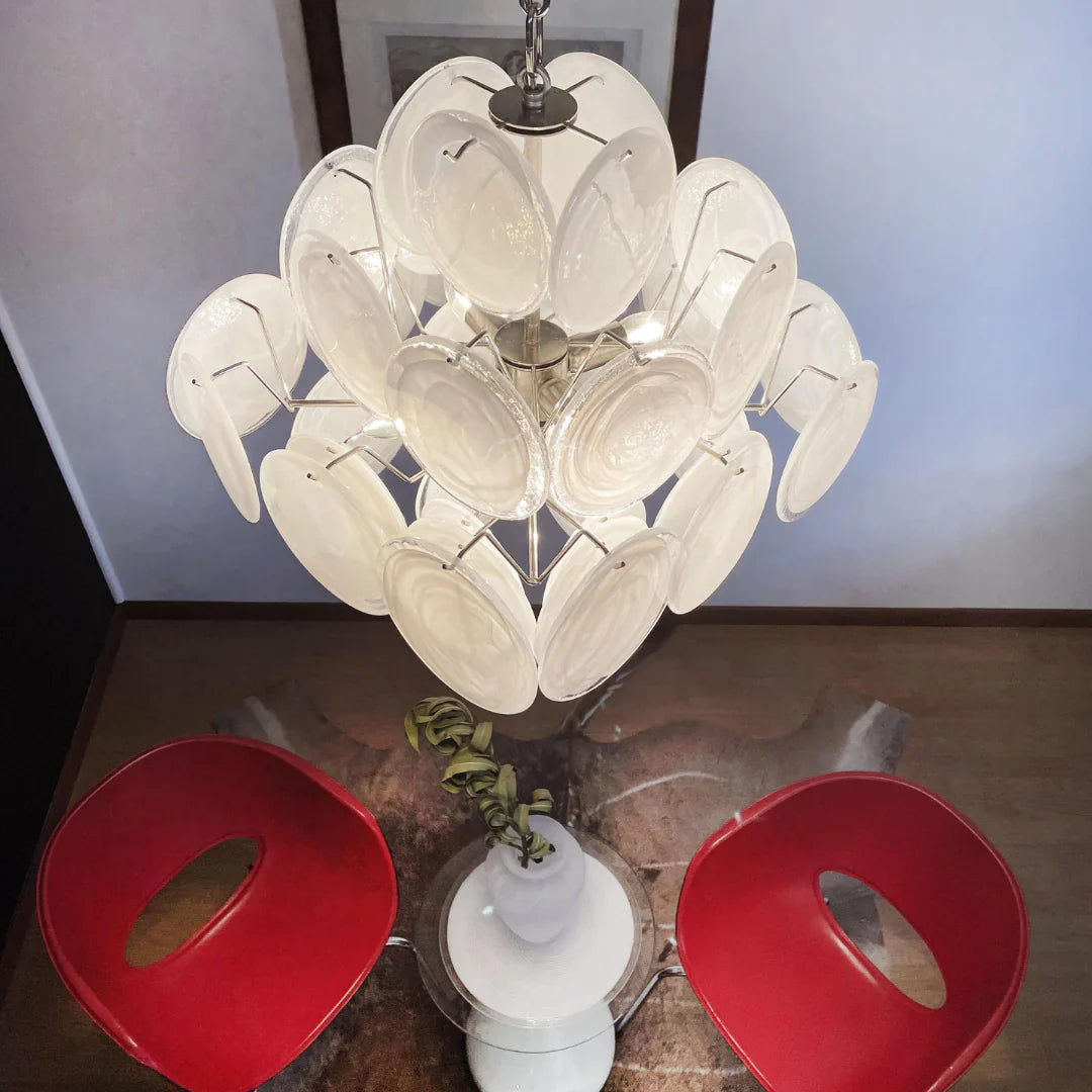 Vintage Murano White Disks Chandelier 19"