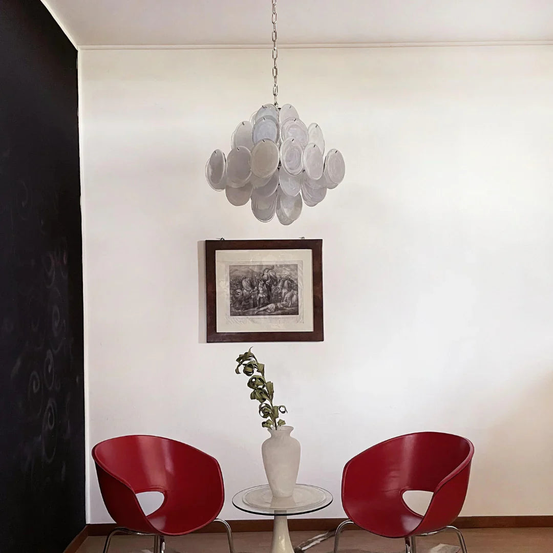 Vintage Murano White Disks Chandelier 19"