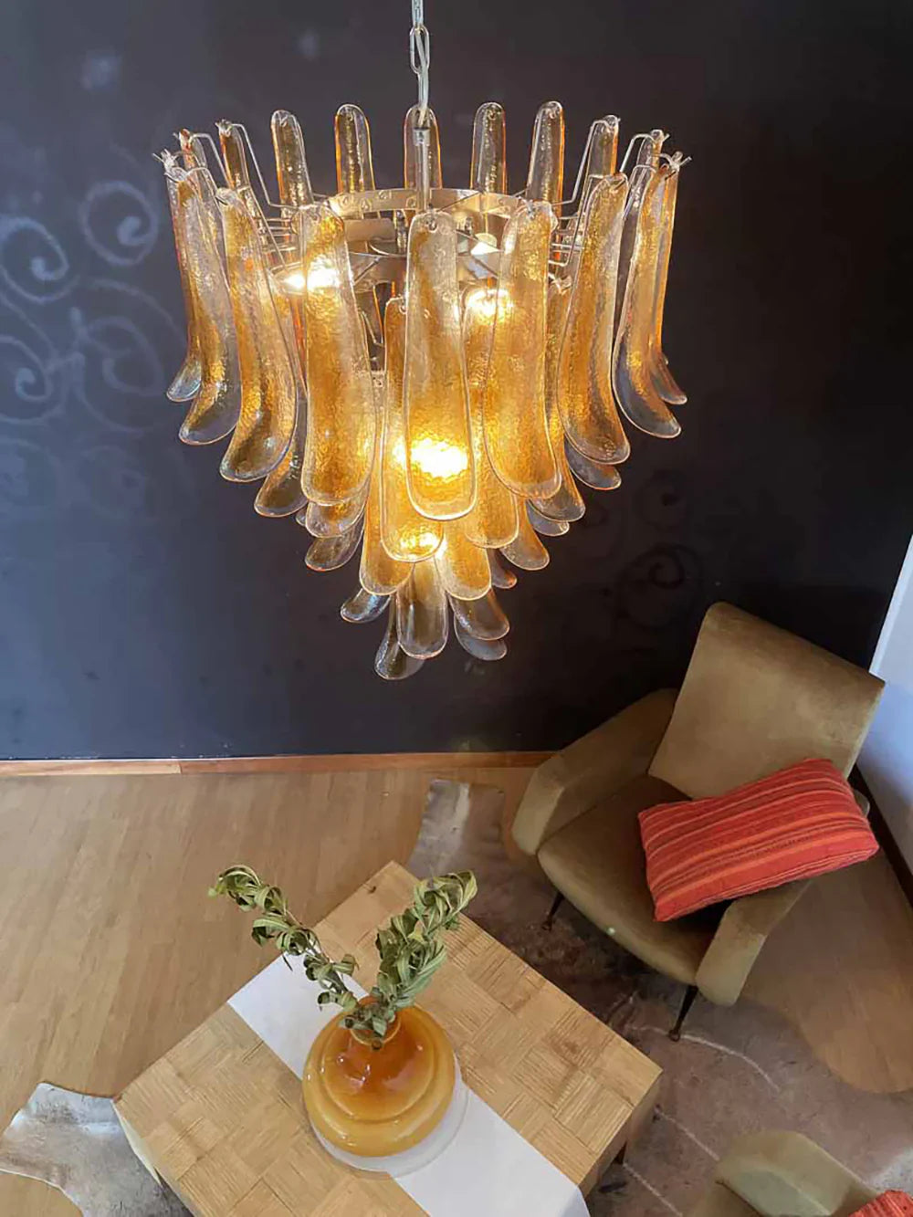 Vintage Transparent Amber Murano Glass Petals Chandelier 26"