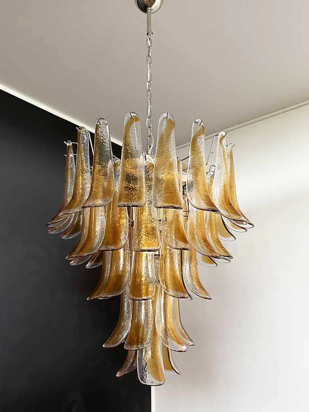 Vintage Transparent Amber Murano Glass Petals Chandelier 26"